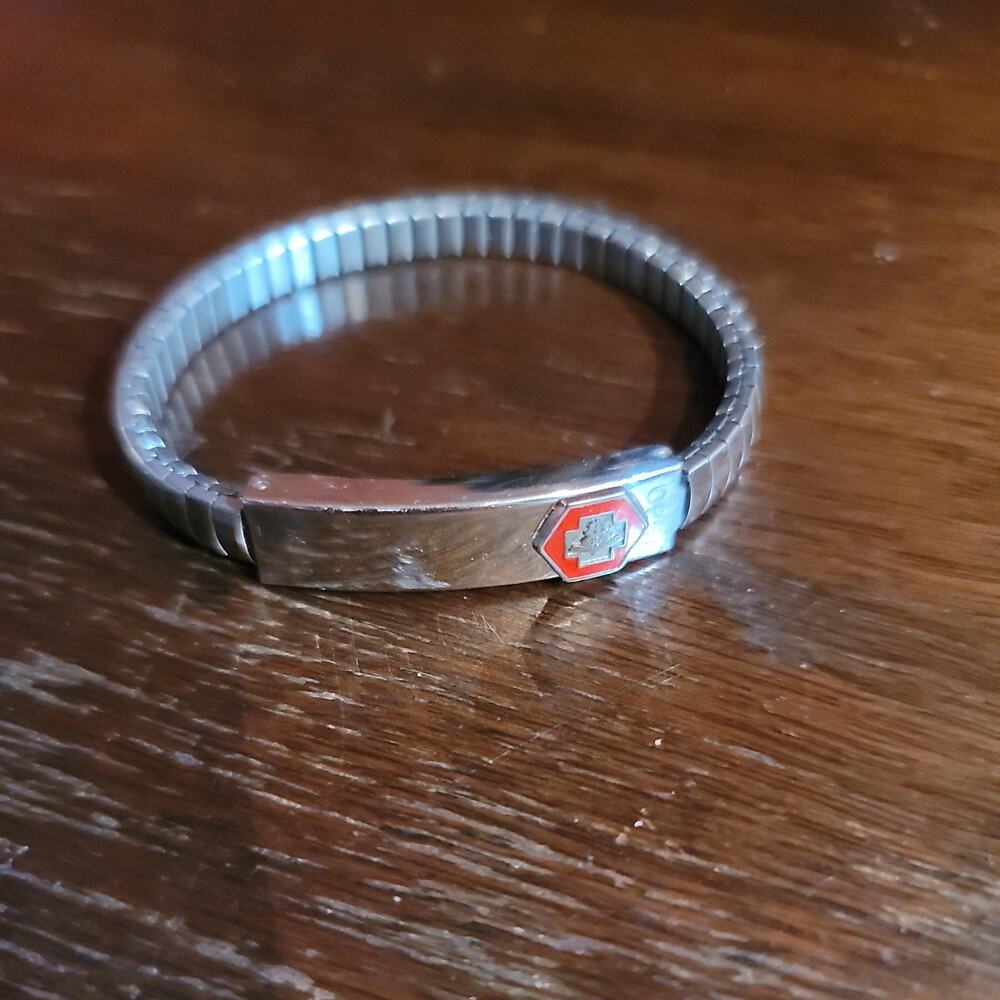 Vintage Silver Tone Medical Alert Stretch Bracelet with Compartment